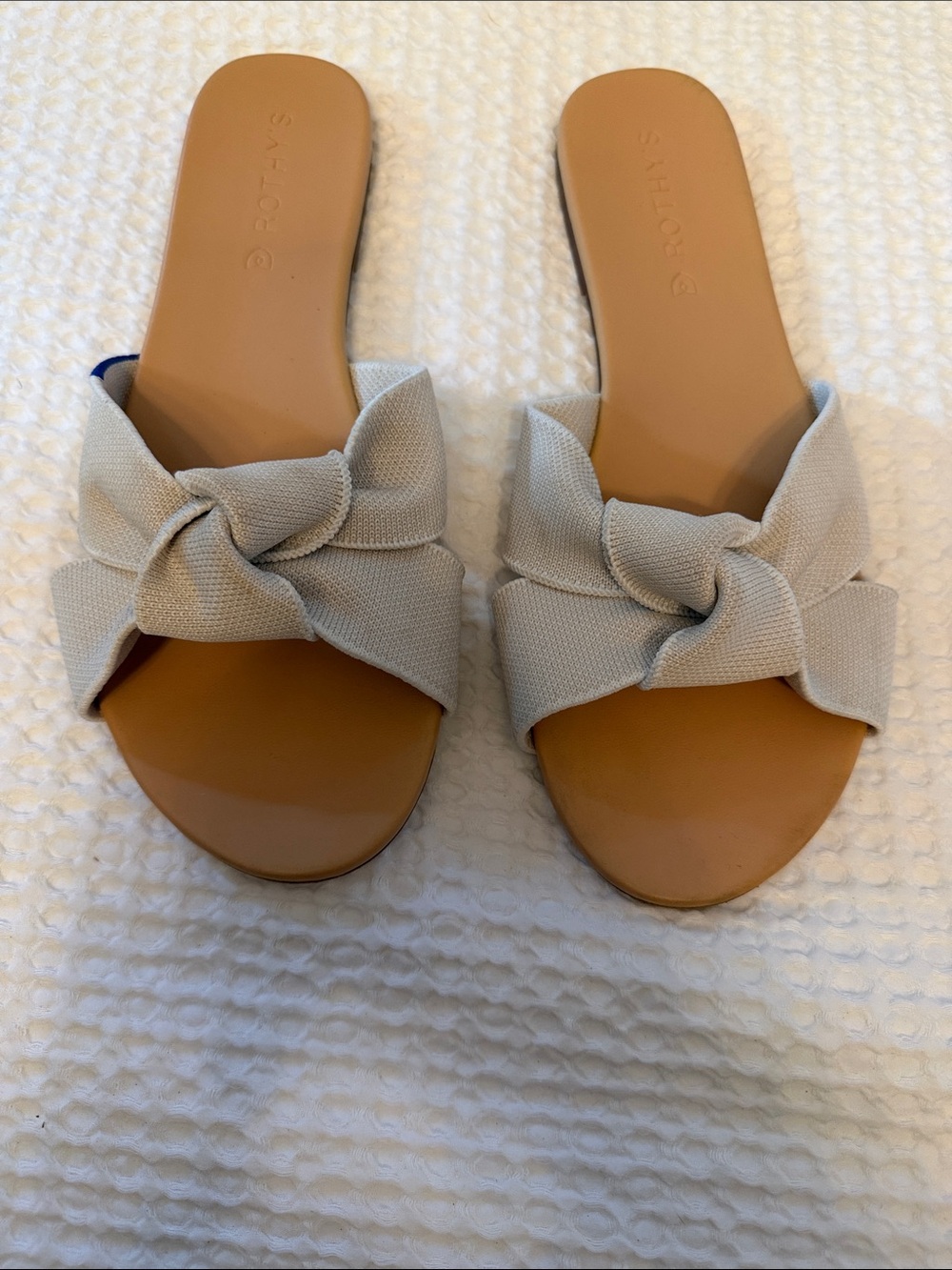 Rothy's Neutral Knot-Top Slide Sandals in Light Beige and Tan